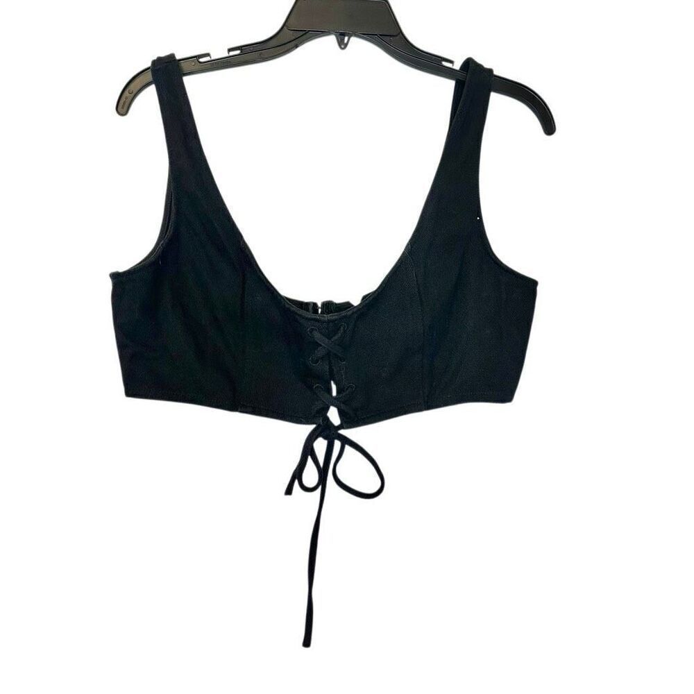 Honey Punch Scoop Neck Sleeveless Corset Style Lace-up Crop Top Black Large